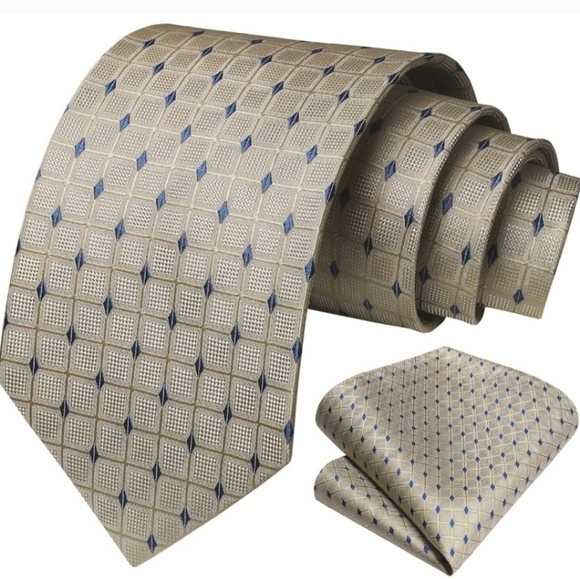 Hisdern Beige & Blue Checkered Tie with Matching Pocket Square, Silk Blend, NIB - Picture 2 of 4